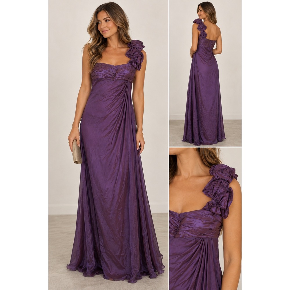 Rickie Freeman Teri Jon Gown Silk Chiffon Purple One Shoulder Rosette Womens 6